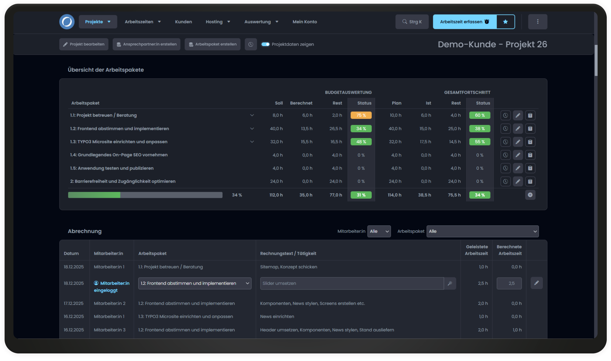 Arbeitspakete im Dark Mode Intranetseite mit Arbeitspaketen im Dark Mode