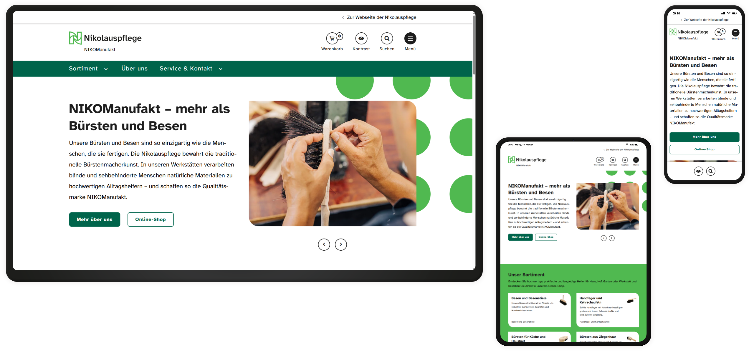 Screenshots der Shop-Startseite auf drei verschiedenen Endgeräten.