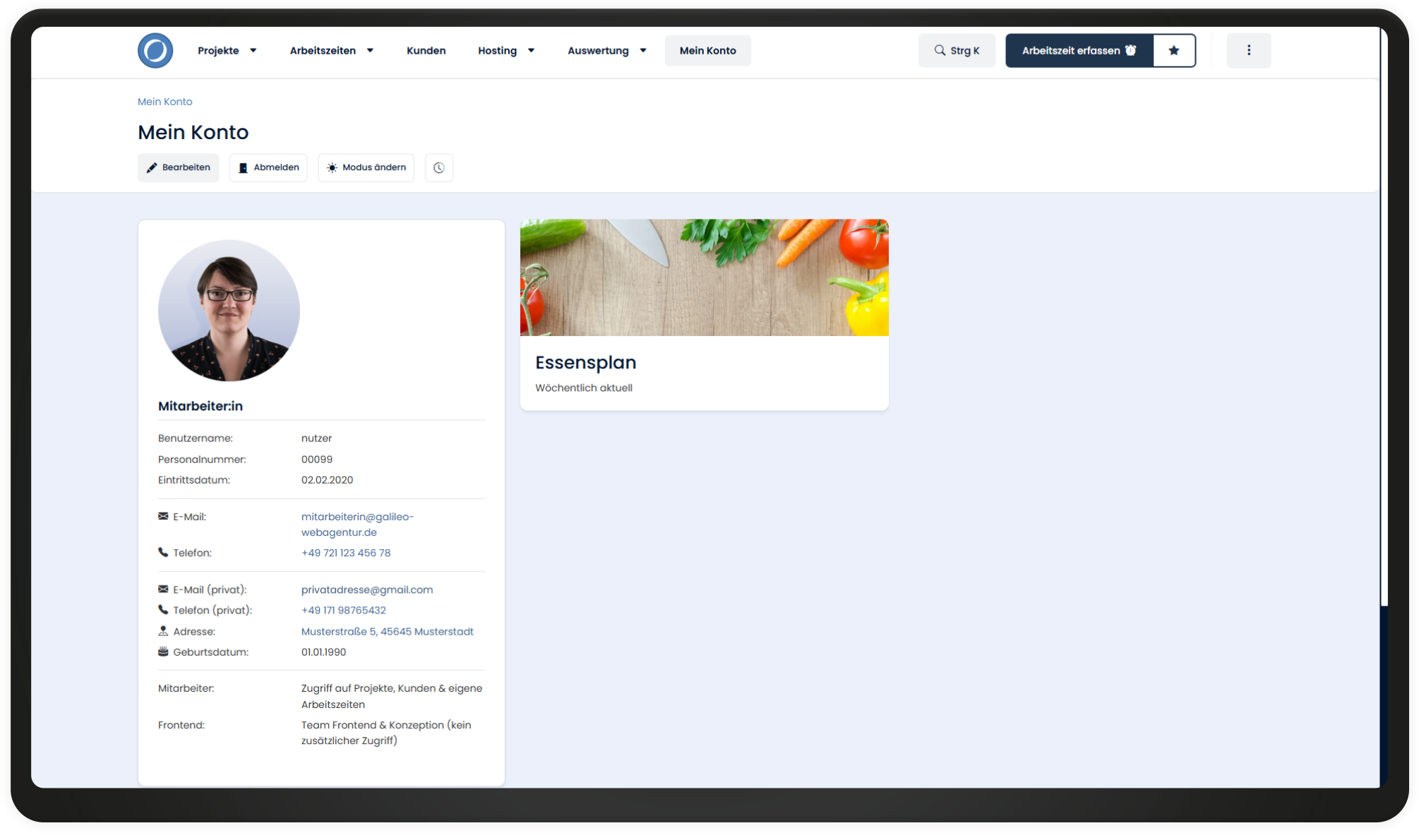 Persönliches Konto Intranetseite von persönlichem Konto mit Bild und Mitarbeiterinfos