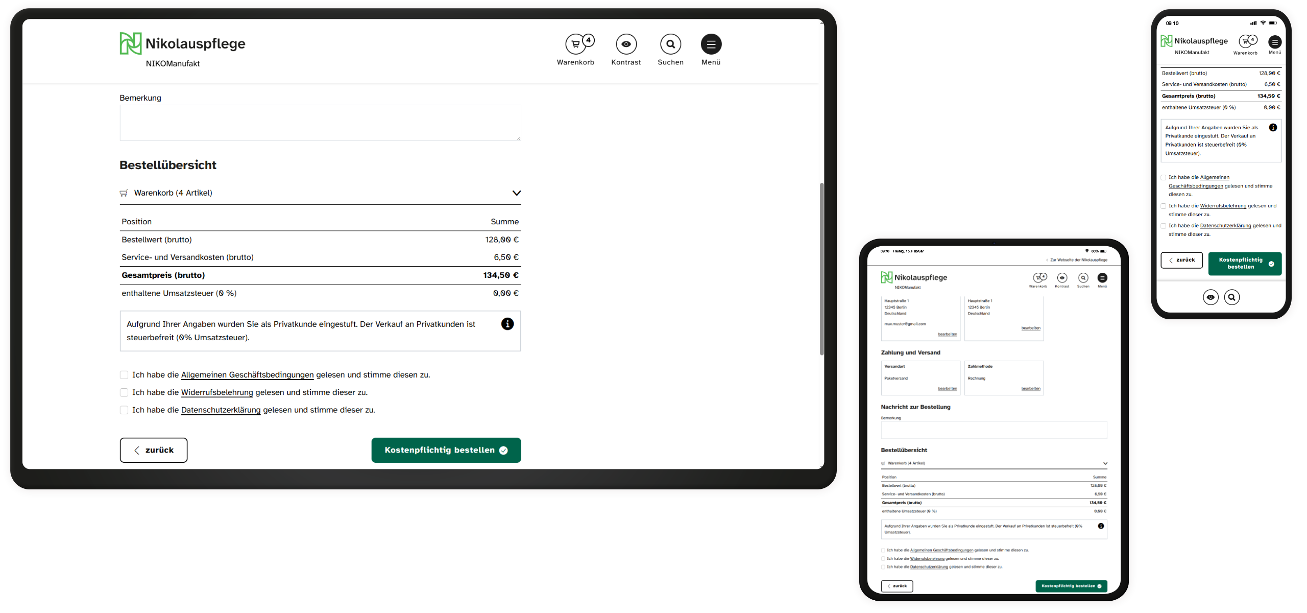 Screenshots der Checkout-Zusammenfassung auf drei verschiedenen Endgeräten.