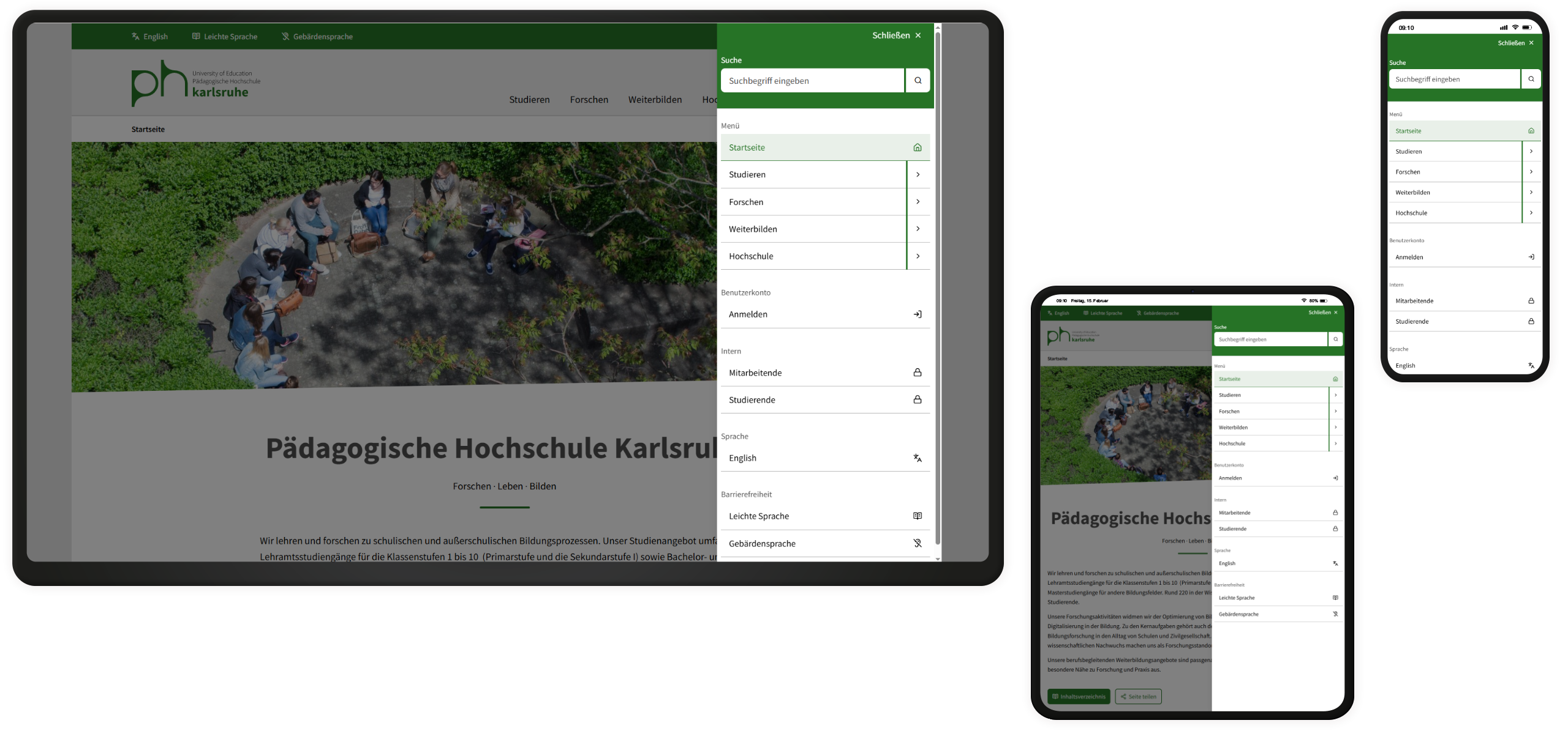 Navigation auf der Website der PH Karlsruhe auf drei Endgeräten