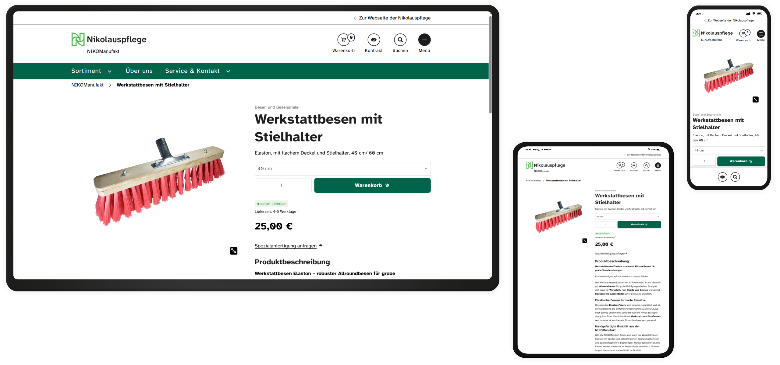 Screenshots der Detailseite eines Produkts mit Varianten auf drei verschiedenen Endgeräten.