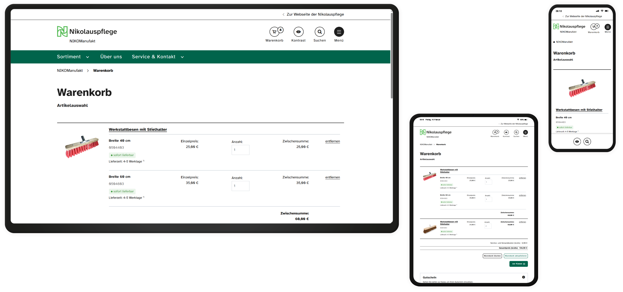 Screenshots des Warenkorbs auf drei verschiedenen Endgeräten.