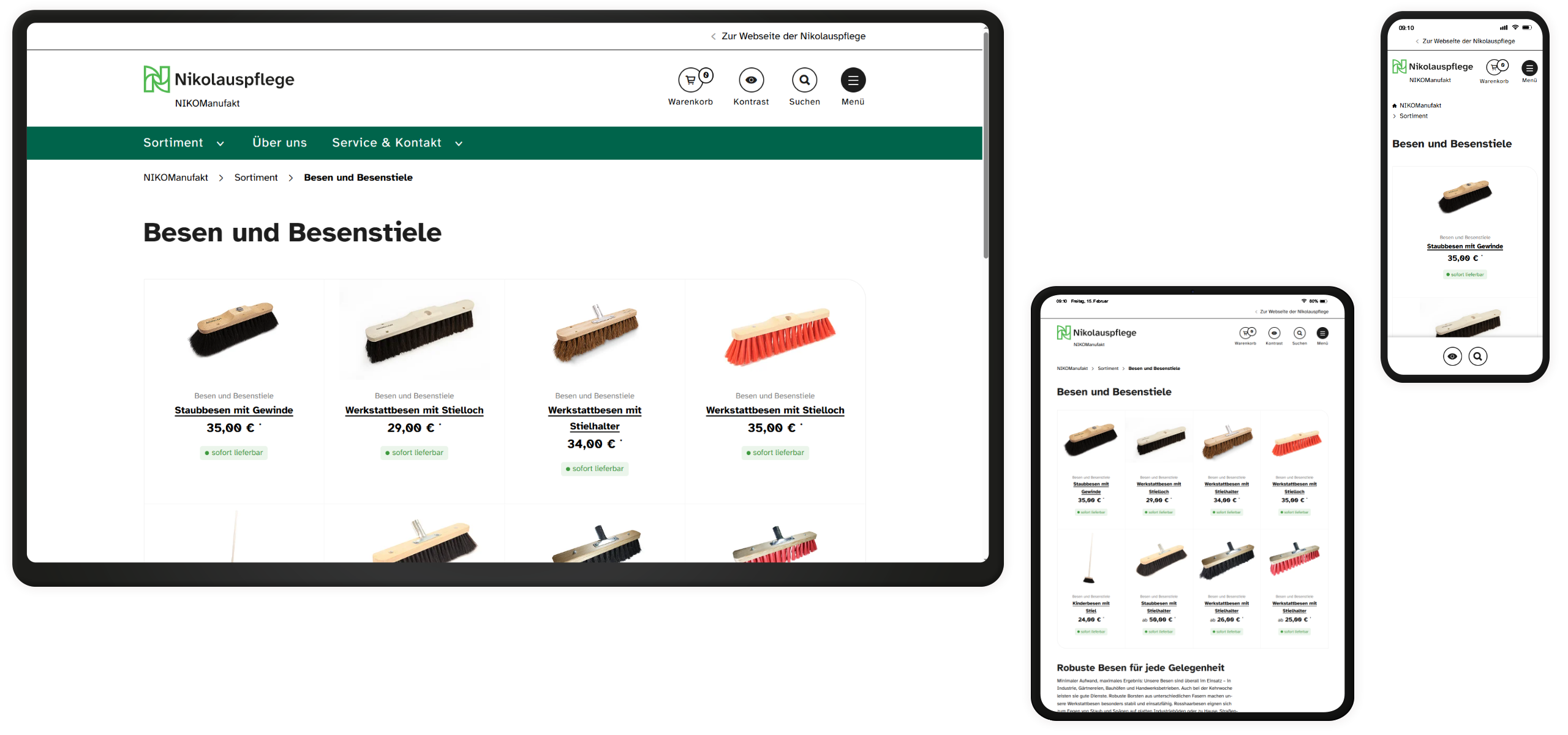 Screenshots des Sortiments auf drei verschiedenen Endgeräten.