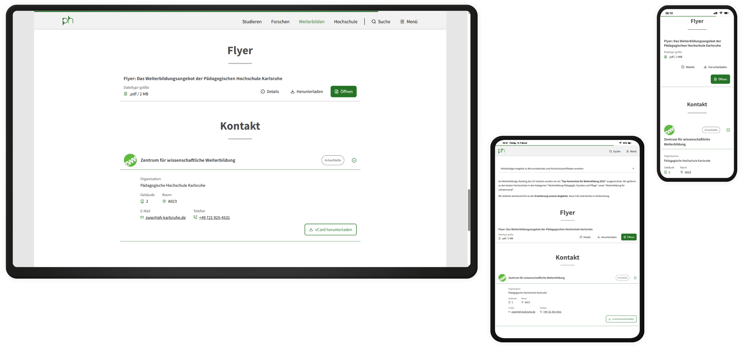 Downloads und Adressen auf der Website der PH Karlsruhe auf drei Endgeräten