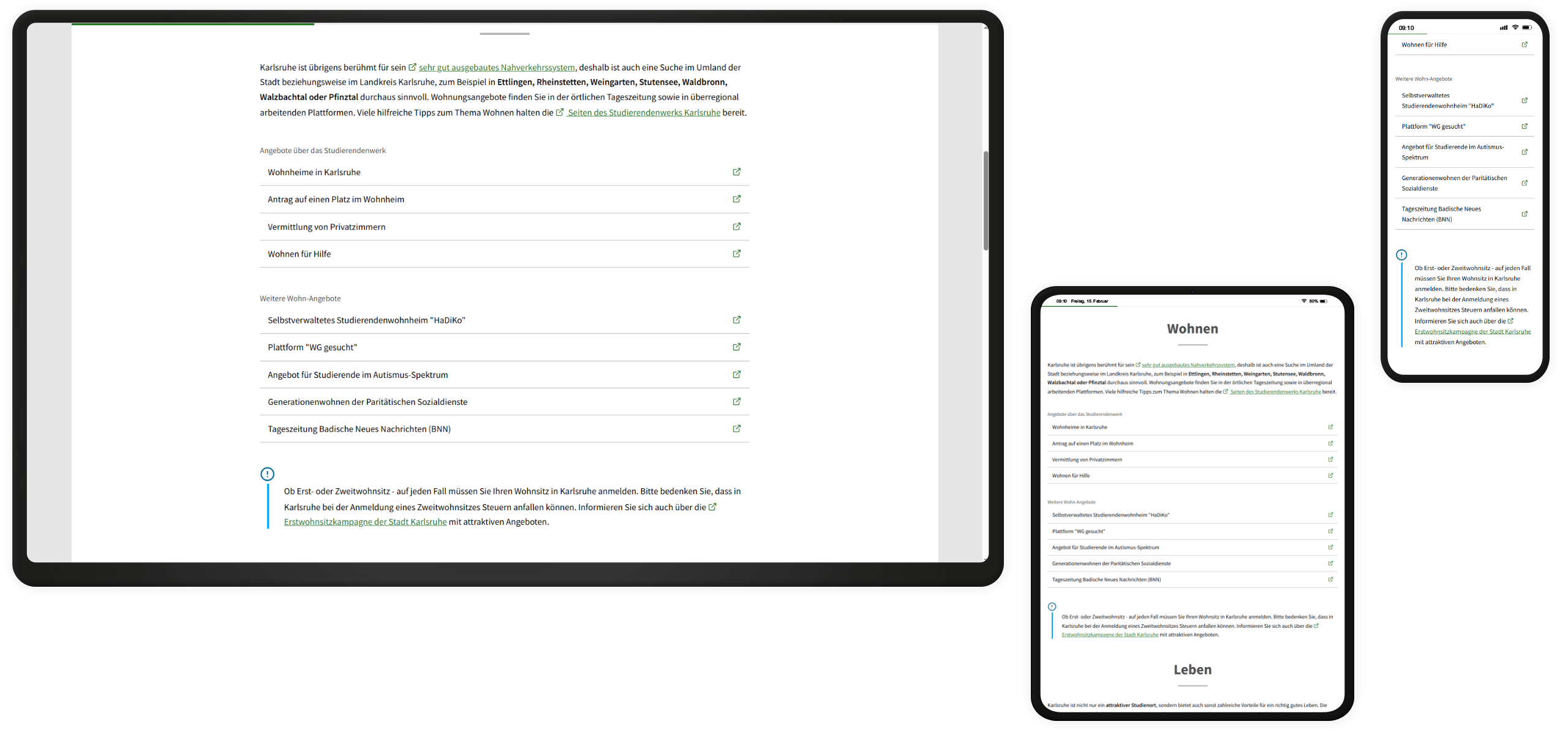 Link-Liste und Hinweise auf der Website der PH Karlsruhe auf drei Endgeräten