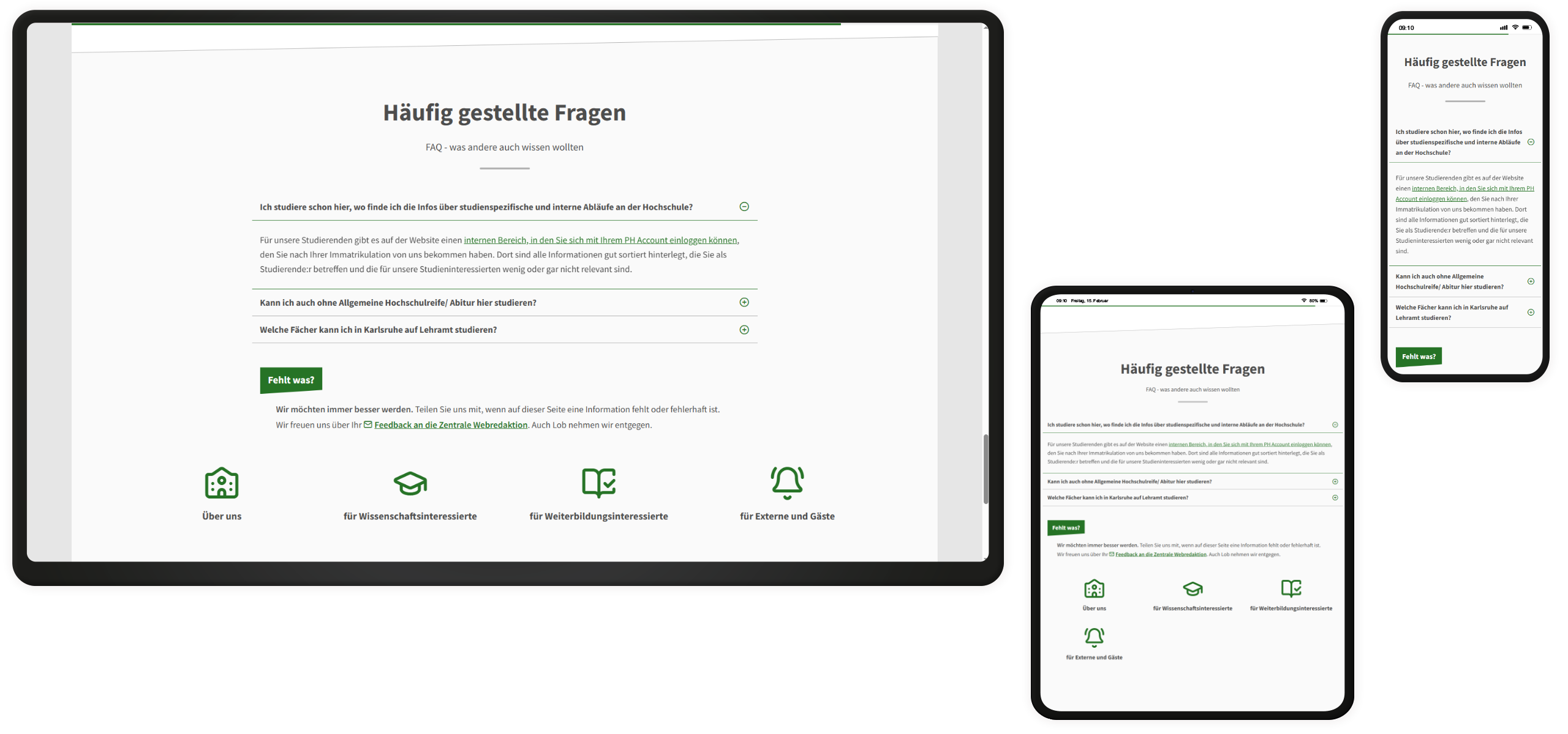 Akkordeon auf der Website der PH Karlsruhe auf drei Endgeräten