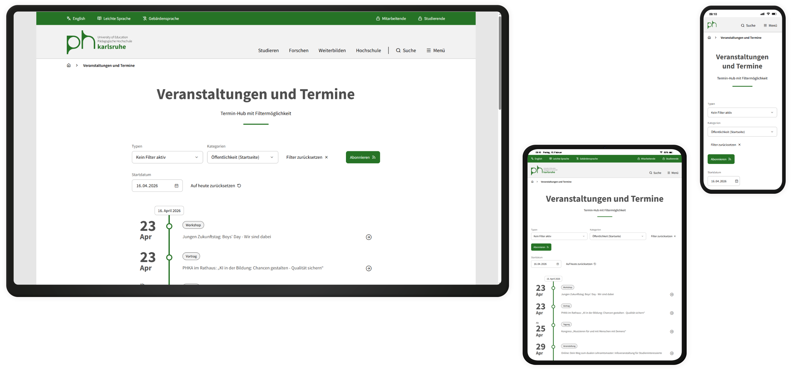 Events auf der Website der PH Karlsruhe auf drei Endgeräten