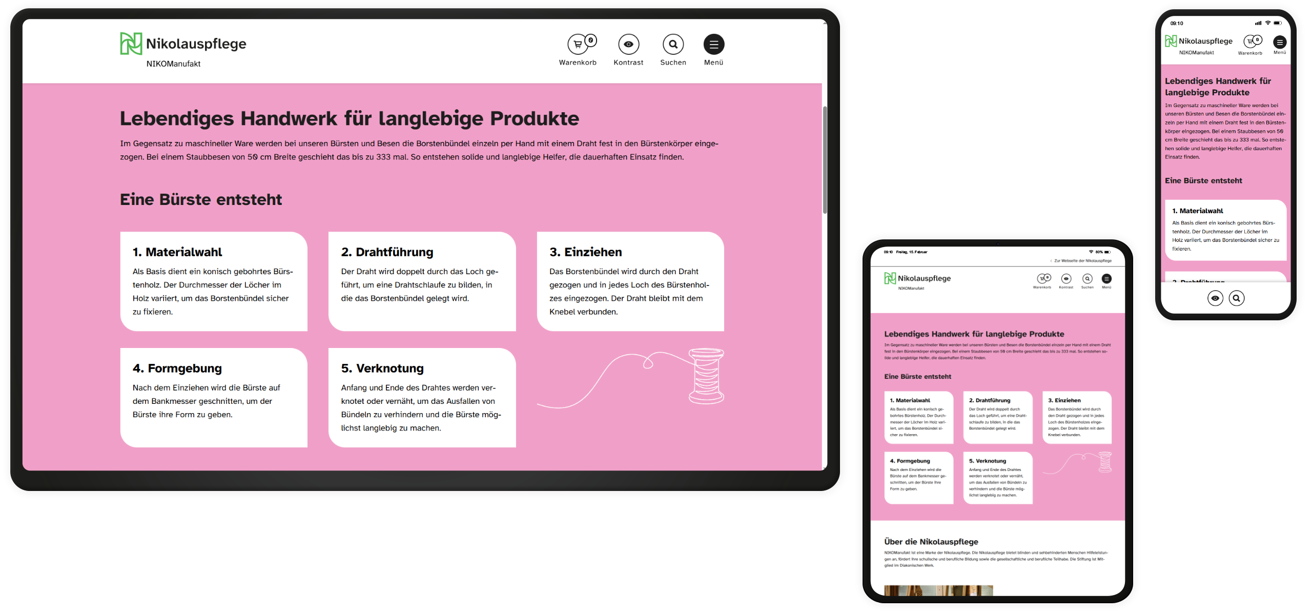 Screenshots von "Über uns"-Inhalten auf drei verschiedenen Endgeräten.