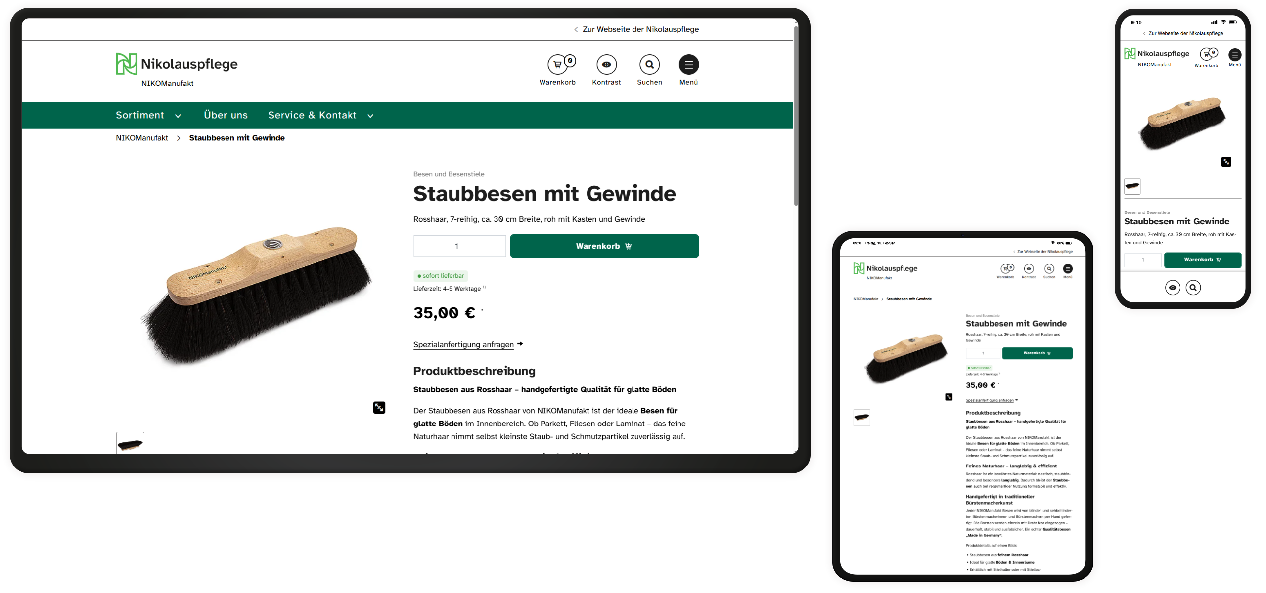Screenshots der Detailseite eines Produkts auf drei verschiedenen Endgeräten.