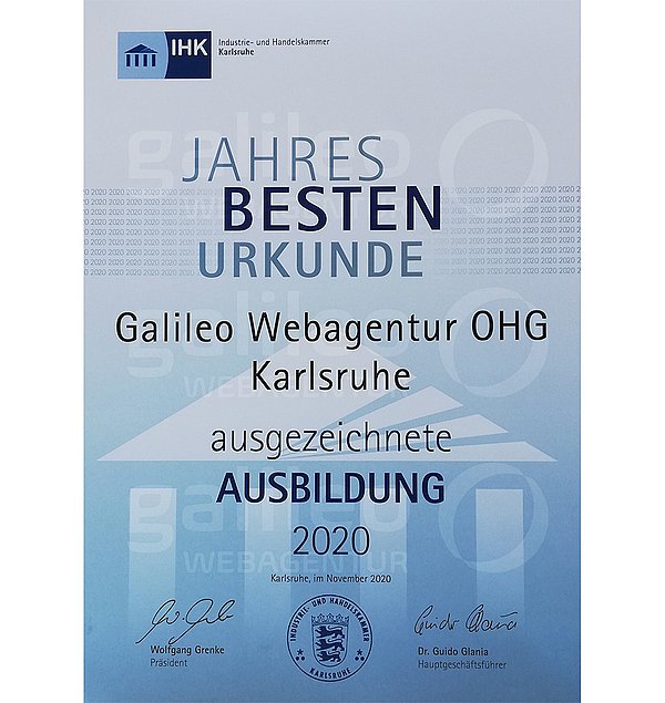IHK Jahresbesten Urkunde Galileo Webagentur