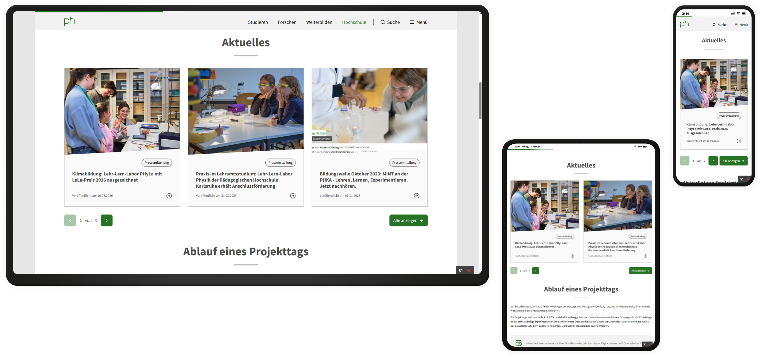 News auf der Website der PH Karlsruhe auf drei Endgeräten