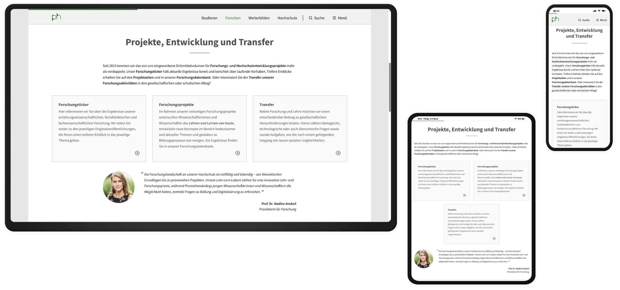 Cards und Zitate auf der Website der PH Karlsruhe auf drei Endgeräten