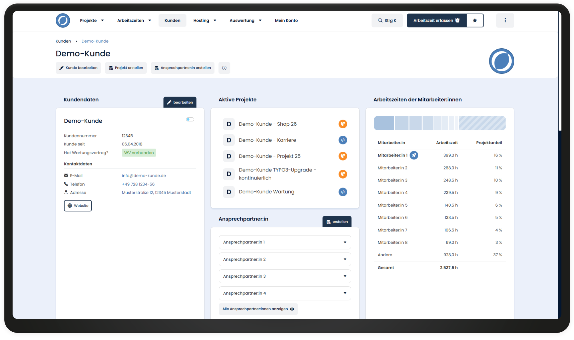 Detailansicht Kunde Intranetseite mit Kundendetails