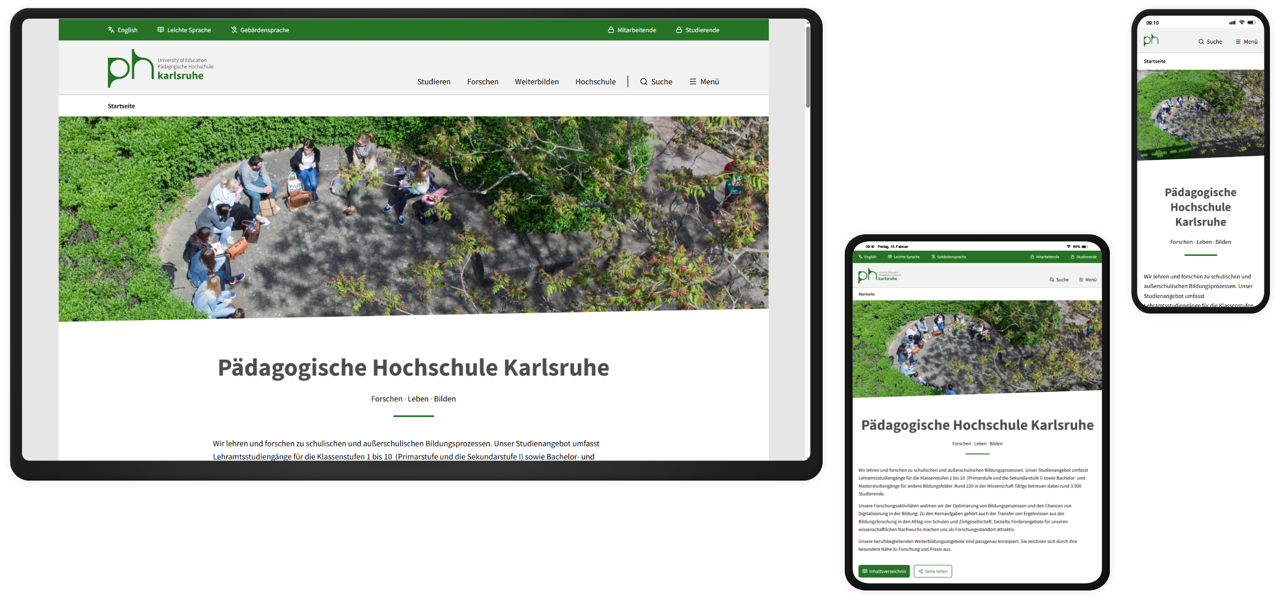 Startseite der Website der PH Karlsruhe auf drei Endgeräten