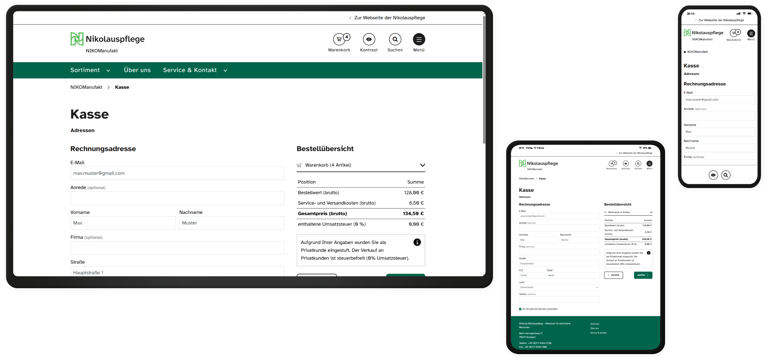 Screenshots des Checkout-Formulars auf drei verschiedenen Endgeräten.