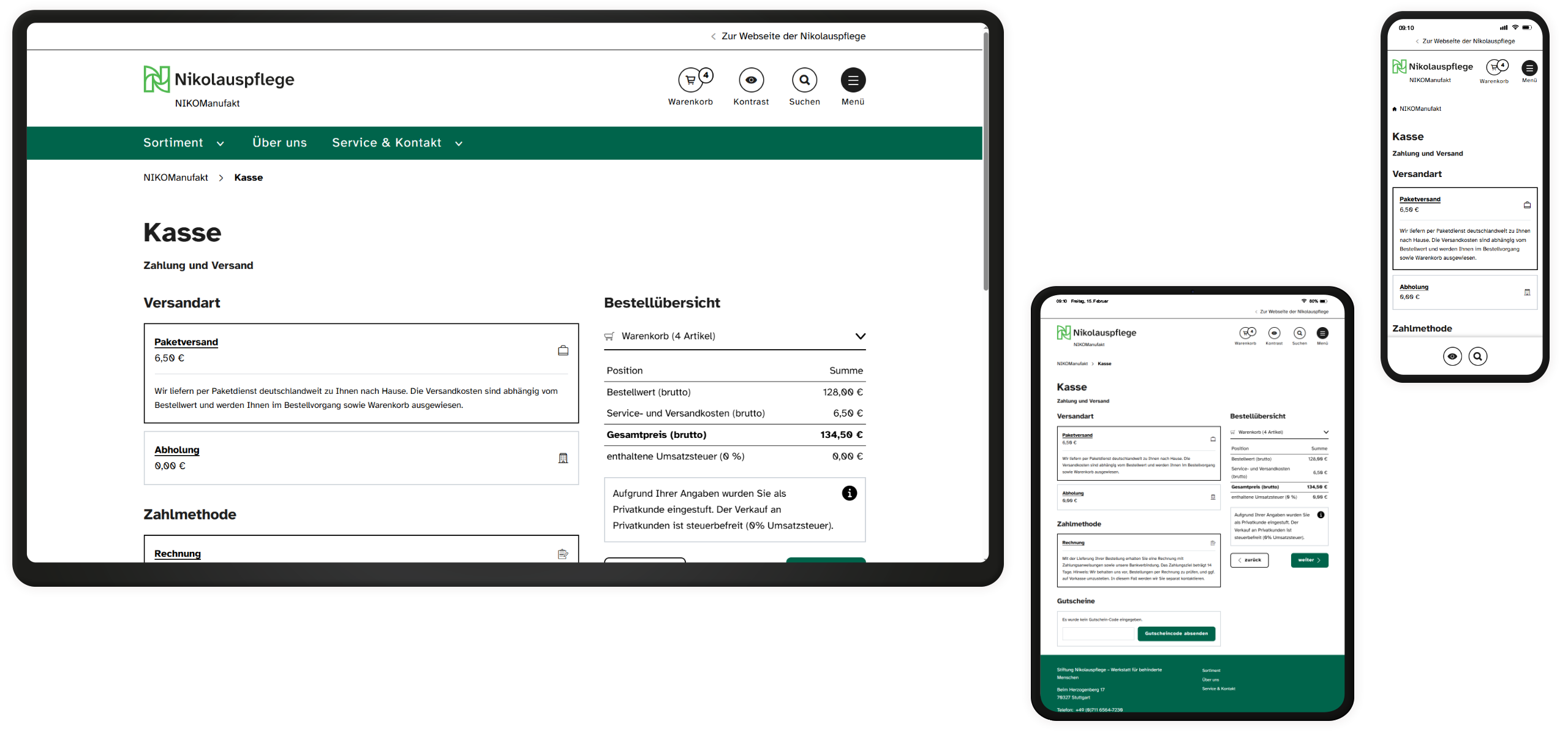 Screenshots der Versandmethoden im Checkout auf drei verschiedenen Endgeräten.