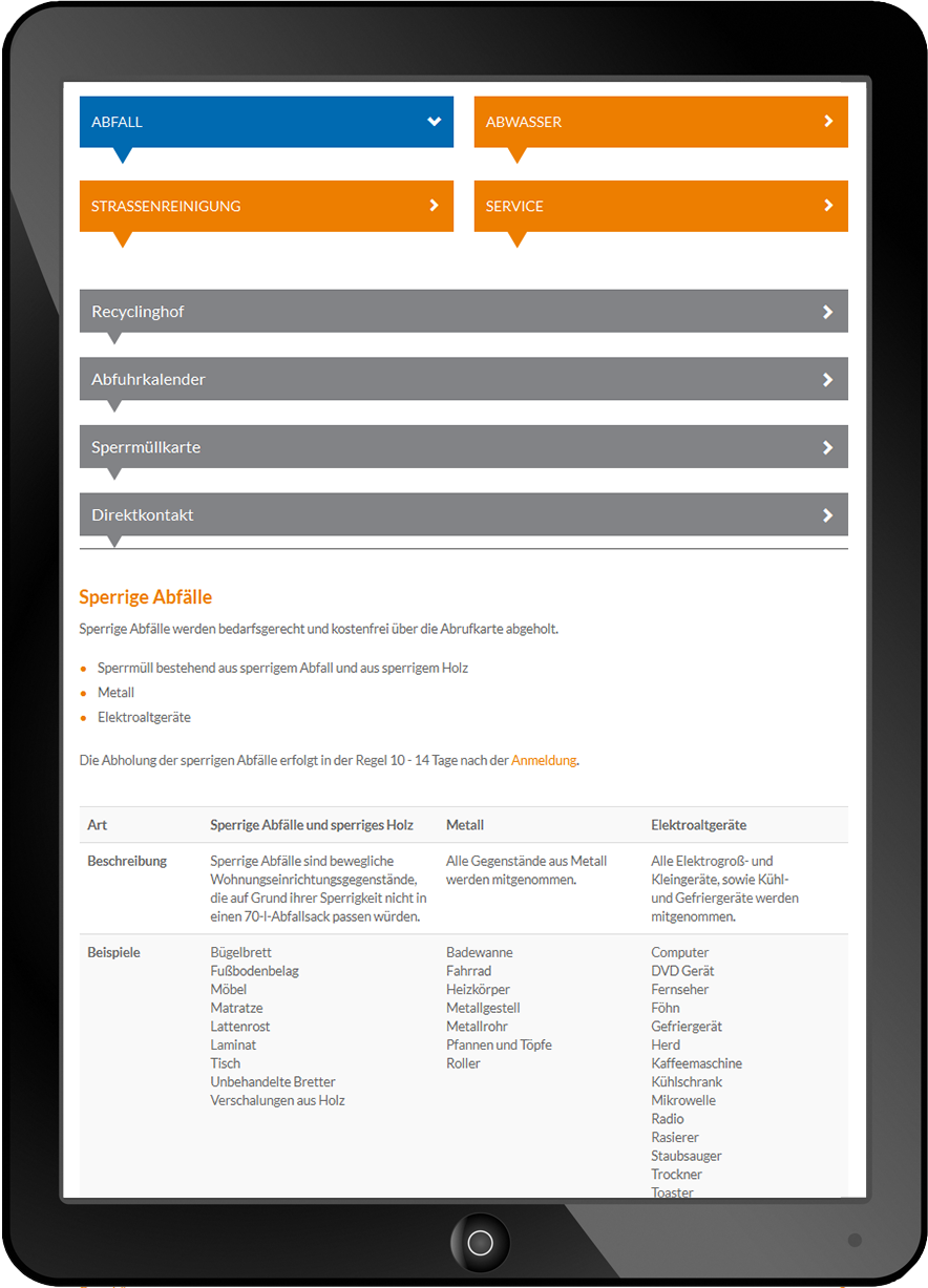 Bildmontage GEB Göttinger Entsorgungsbetriebe Tablet Formular-Übersicht