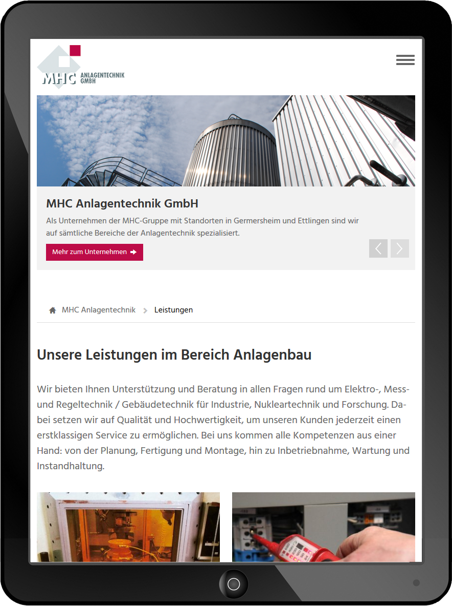 Bildmontage Tablet Portalseite MHC Holding GmbH Leistungen