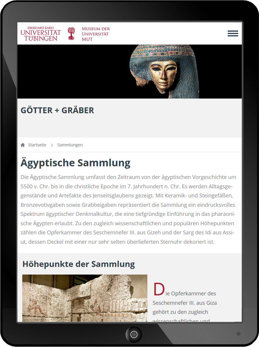 Bildmontage Museum der Universität Tübingen Tablet Detailseite Sammlung Götter + Gräber